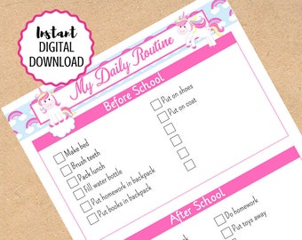 Daily Routine Chart for Kids Printable with Unicorns