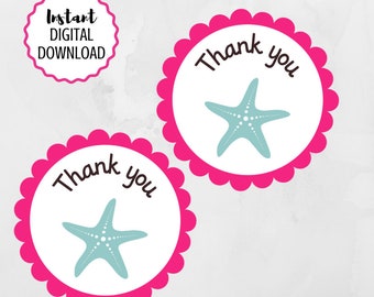 Mermaid Party Thank You Tags or Stickers, Printable