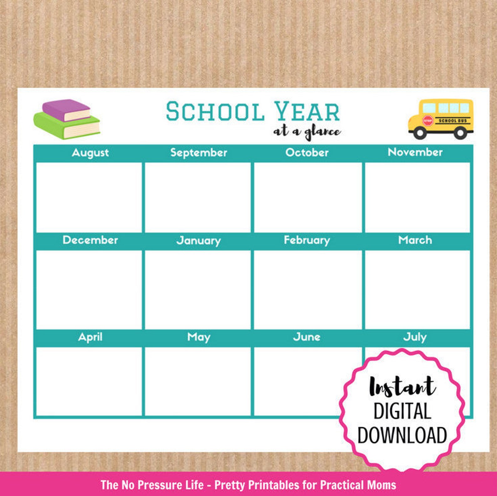 Printable School Year Calendar at a Glance - Etsy