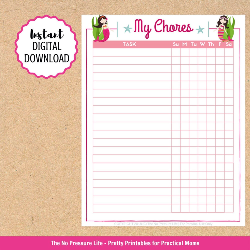 Chore Checklist for Kids Printable Mermaid Design - Etsy