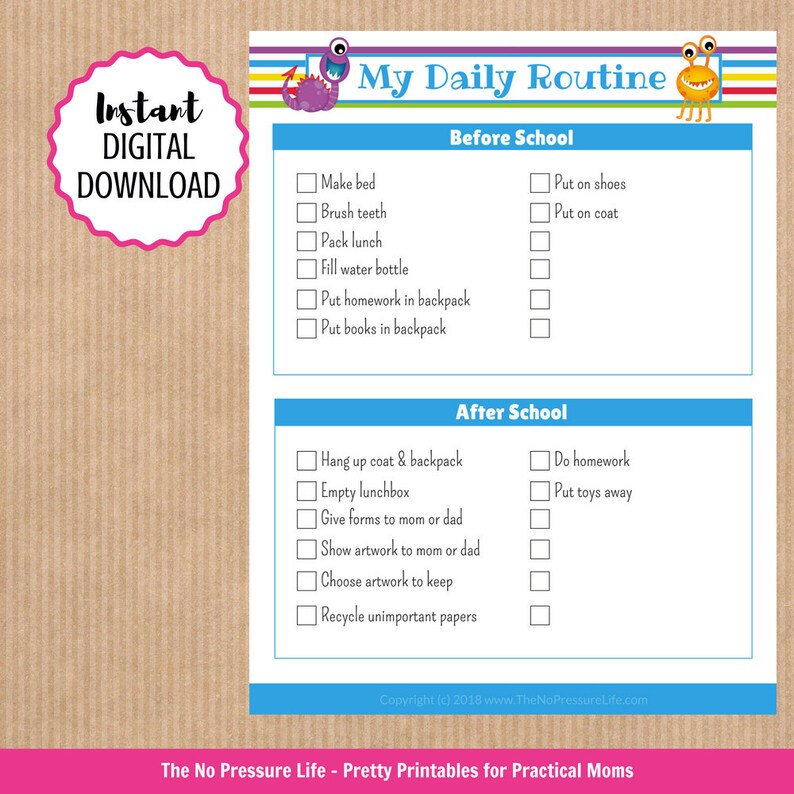 Monster Day Routine Worksheet Daily Routine Chart for Kids Printable With Cute Monsters - Etsy