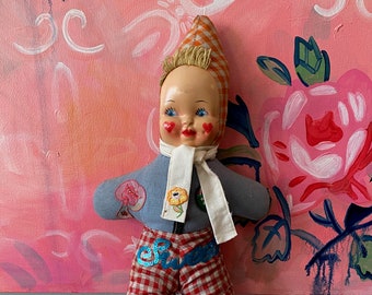 Vintage plastic faced stuffed doll, up-cycled patchwork doll, artist doll, art doll, vintage fabric doll, 1960's, punk doll, gingham
