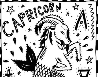 Capricorn zodiac print, astrology print, black and white illustration, tattoo, home decor, original art