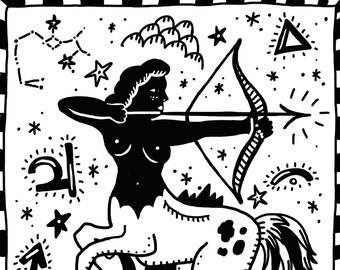 Sagittarius zodiac print, art print, home decor, black and white, tattoo, illustration.