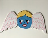 Original art, medium wood angel, hand cut, hand painted, angel, folk art, imperfect, distressed, rustic, one of a kind, doll face, blessing