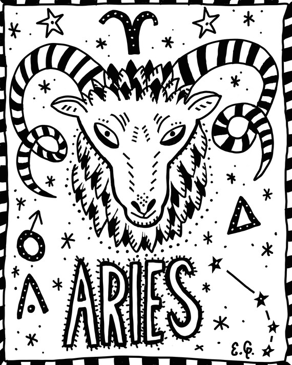 Aries Zodiac Print Original Art Black and White | Etsy