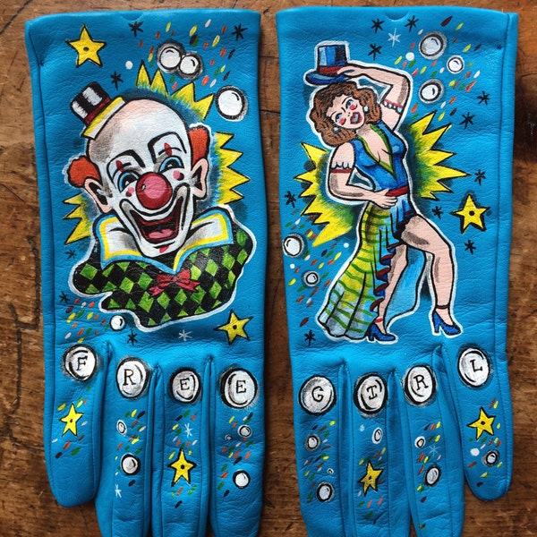 SALE-Hand painted gloves, women's size 7, turquoise Italian leather, one of a kind, gift, unique fashion, accessories, circus theme