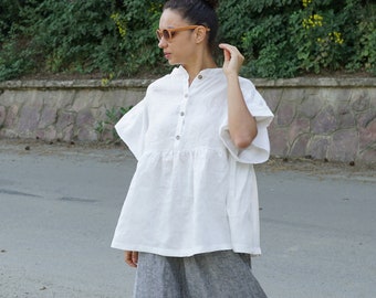 White Linen Top, Flared Shirt, Woman Linen Clothing, Flared Sleeves Shirt, White Blouse, Flax Clothing, Summer Linen, Short Sleeves Top