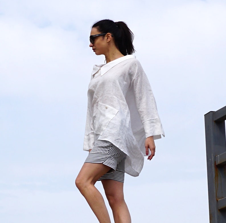 Summer White Blouse Oversized Top Linen Clothing Collared Blouse Flax Asymmetrical Shirt Gauze Linen Shirt Deconstructed White Shirt