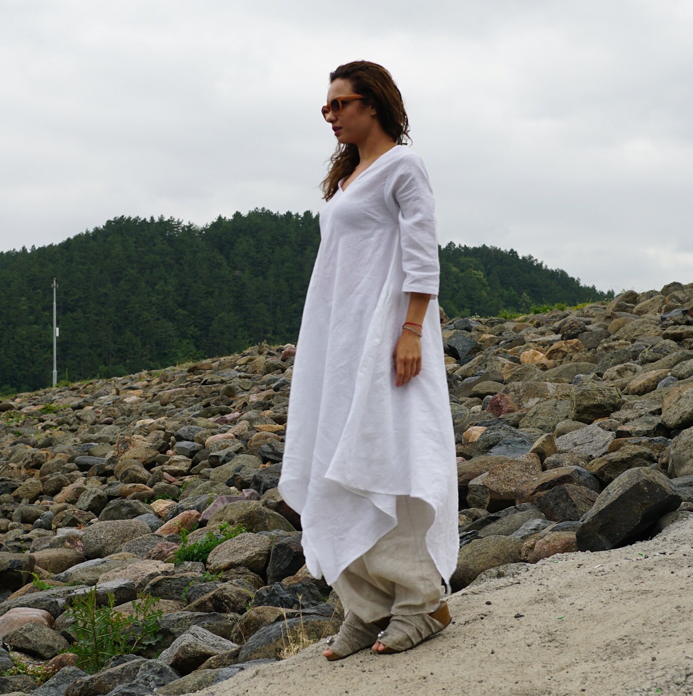 Linen Tulip Dress, White Linen Dress, Summer Clothing, V Neck Woman Dress, Linen Maxi Dress, Trapeze Dress, Linen Clothing, Beach Dress