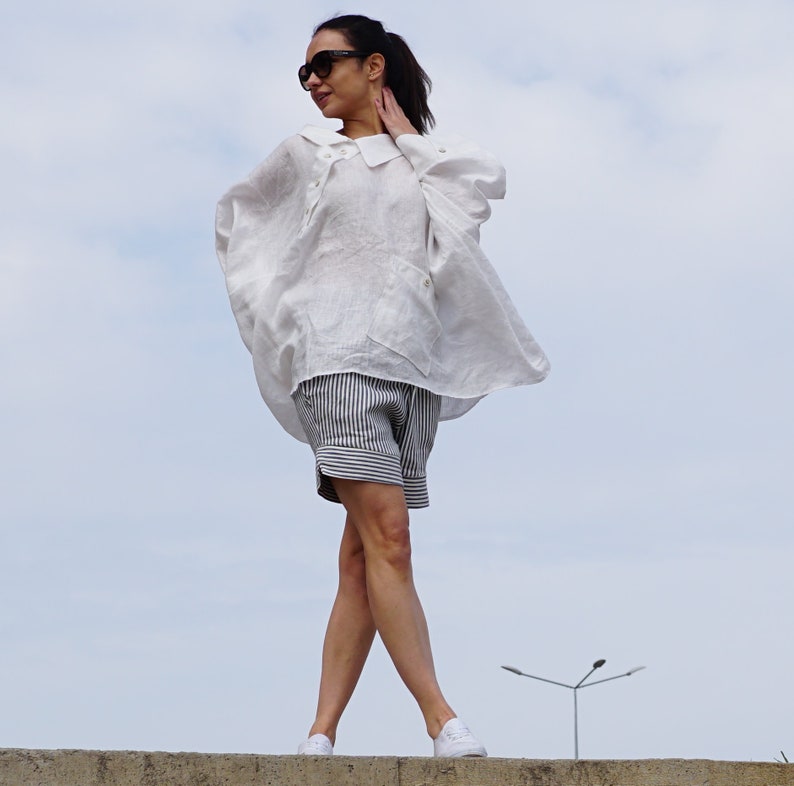 Summer White Blouse Oversized Top Linen Clothing Collared Blouse Flax Asymmetrical Shirt Gauze Linen Shirt Deconstructed White Shirt