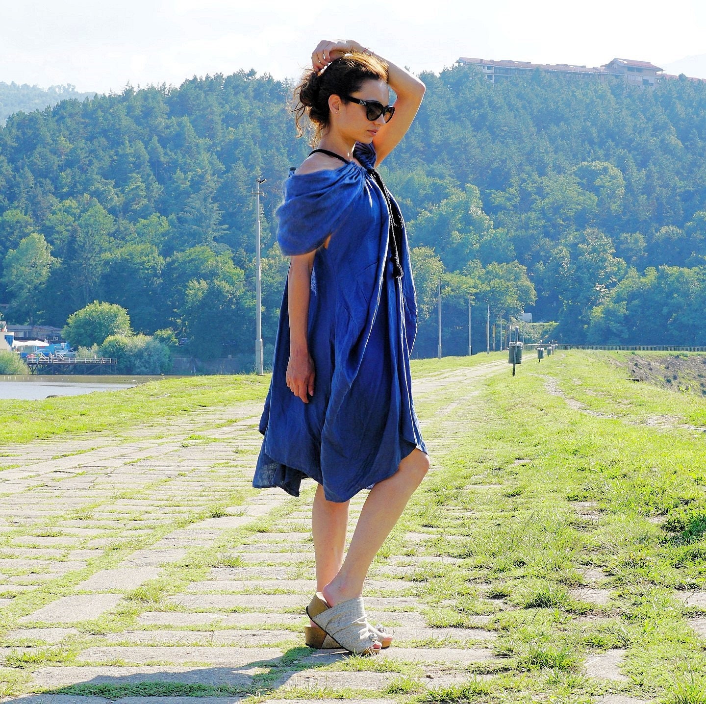 Dark Blue Linen Extravagant Dress, Asymmetric Oversized Dress, Rope