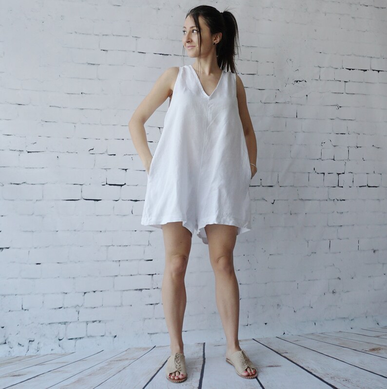 XL size Linen Overall woman V neck Linen Romper,Drop Crotch Jumper Summer Outfit Gray Linen Jumper SALE