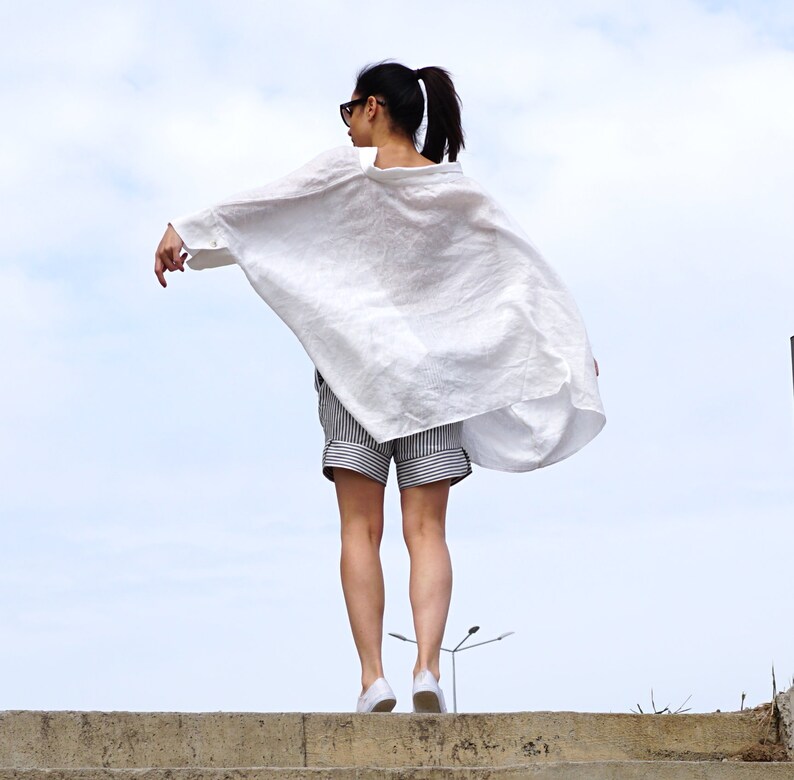 Summer White Blouse Oversized Top Linen Clothing Collared Blouse Flax Asymmetrical Shirt Gauze Linen Shirt Deconstructed White Shirt