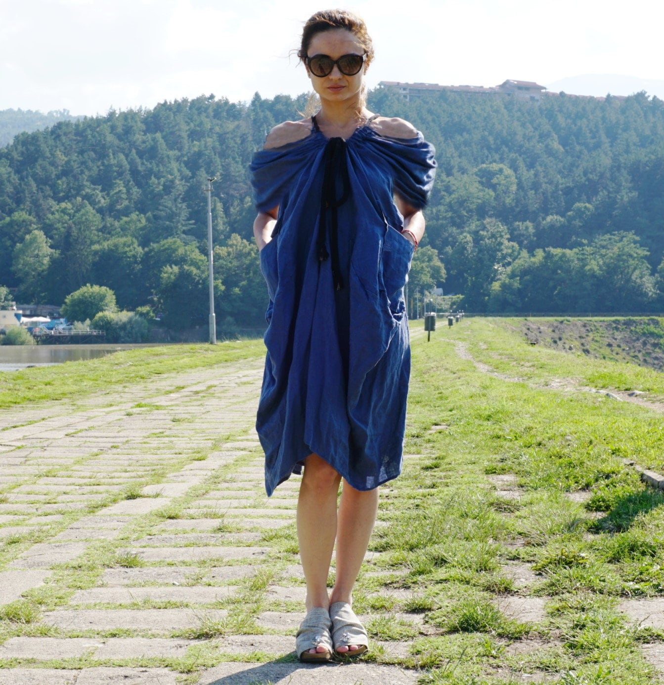 Dark Blue Linen Extravagant Dress, Asymmetric Oversized Dress, Rope