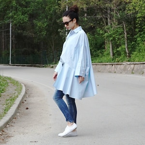 Light Blue Oversized Cotton Shirt, Deconstructed Shirt, Woman shirt, Asymmetrical Shirt, Flattering Top, Roomy Shirt, Party Woman Shirt
