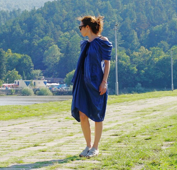Dark Blue Linen Extravagant Dress, Asymmetric Oversized Dress, Rope Neck Halter Dress, Boho Rope Neck Dress, Short Kaftan, Abaya
