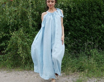 Linen Jumpsuit, Light Blue Palazo Jumper, Oversized Linen Dress, Summer Clothing, Sustainable Fashion, Ladies Linen Overall, loose fit dress