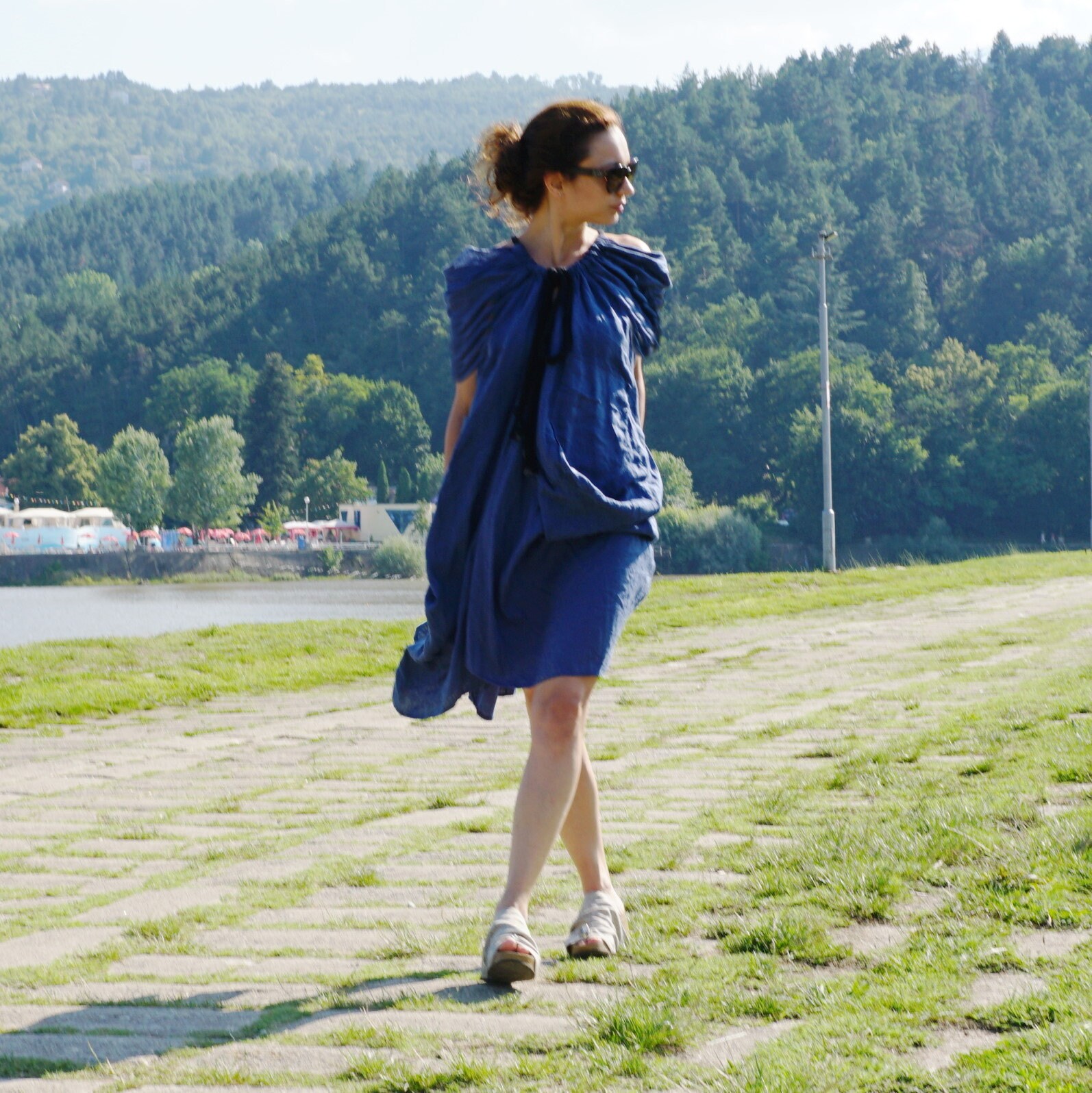 Dark Blue Linen Extravagant Dress, Asymmetric Oversized Dress, Rope
