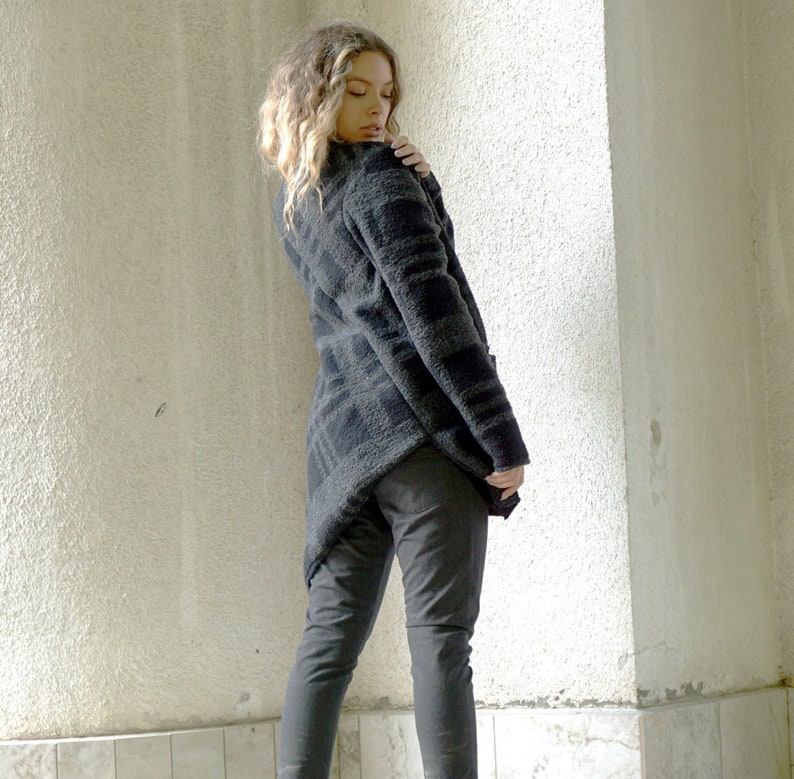 Cotton Lining Coat Boiled Wool Coat Asymmetrical Cardigan Wool Vest Oversized Plaid Wool Jacket Lagenlook Coat Deconstructed Cardigan