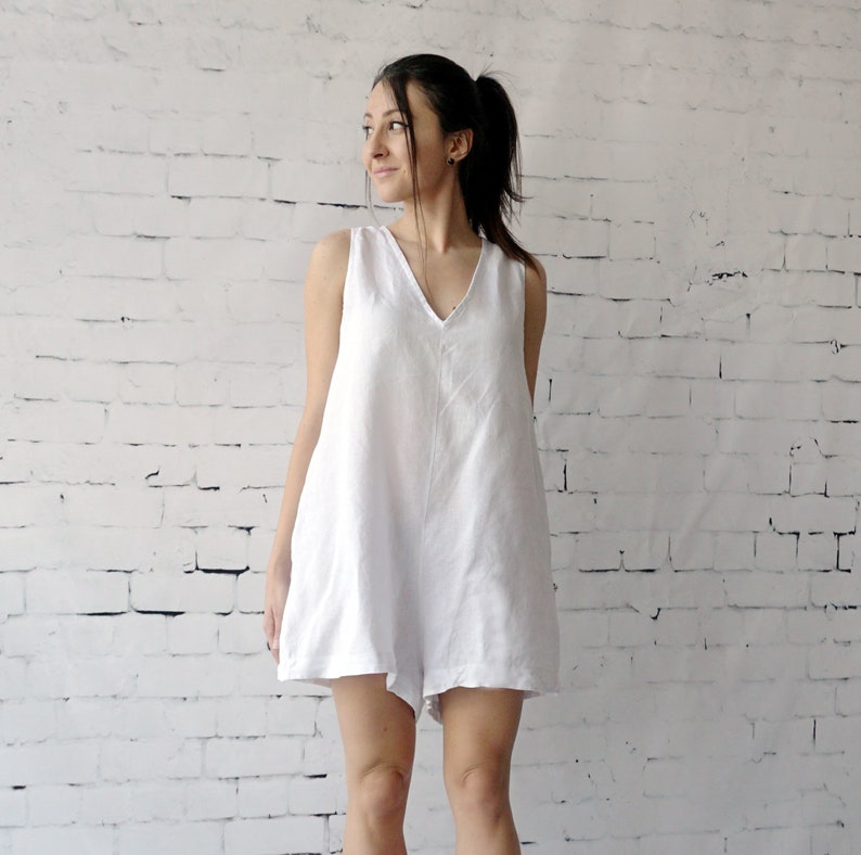 XL size Linen Overall woman V neck Linen Romper,Drop Crotch Jumper Summer Outfit Gray Linen Jumper SALE
