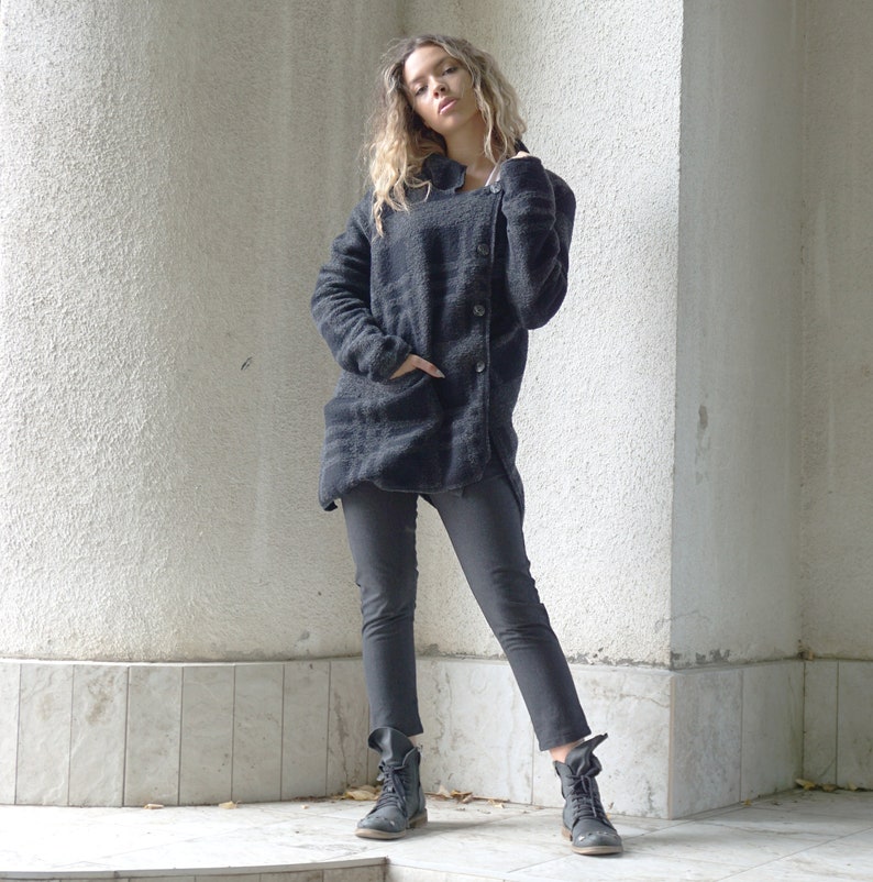Cotton Lining Coat Boiled Wool Coat Asymmetrical Cardigan Wool Vest Oversized Plaid Wool Jacket Lagenlook Coat Deconstructed Cardigan