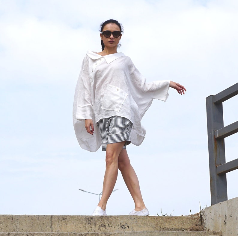 Summer White Blouse Oversized Top Linen Clothing Collared Blouse Flax Asymmetrical Shirt Gauze Linen Shirt Deconstructed White Shirt
