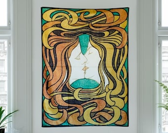 Art Nouveau Tapestry: The Kiss by Peter Behrens Wall Hanging , Vintage German Art Decor