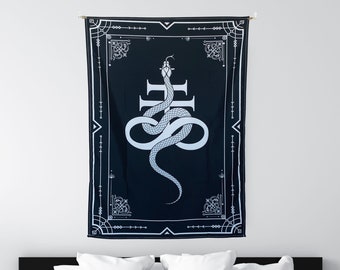 Serpent Snake Leviathan Cross Tapestry: Gothic Satanic Home Room Decor, Wall Hanging