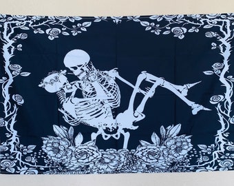 Skeleton Lovers Tapestry, Gothic Wall Hanging, Witchy Skull Decor, Black and White Room Art