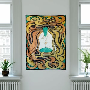 The Kiss Art Nouveau tapestry displayed between two windows, showing the vertical proportions and flowing decorative composition.