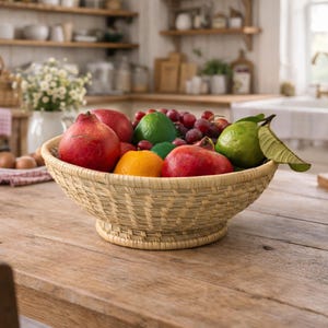 May include: A wicker fruit bowl, containing pomegranates, grapes, limes, and an orange, rests on a wooden table. The basket is beige and round, with a pedestal base. The kitchen background includes shelves and a window.
