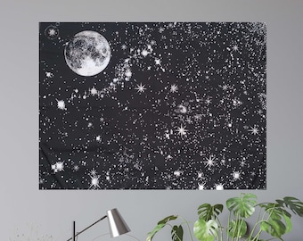 Moon Stars Tapestry, Black Starry Night Sky Wall Hanging, Celestial Bedroom Decor, Space Art