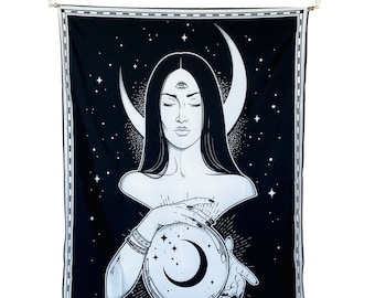 Crystal Ball Gazer Tapestry, Third Eye Wall Hanging, Celestial Mystic Moon Witchy Room Decor