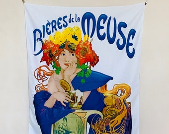 Bieres de la Meuse Tapestry, Alphonse Mucha Art Nouveau Wall Hanging, Vintage French Advertisement