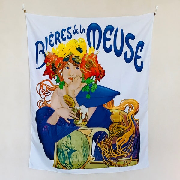 Bieres De La Meuse by Alphonse Mucha Tapestry Wall Hanging Vintage Advertisement Art Nouveau Home Dorm Uni Room Decor Throw Spiritual Gift