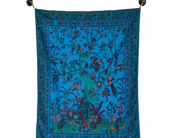 Tree of Life Tapestry Wall Hanging, Floral Forest Wall Art, Blue Boho Spiritual Decor