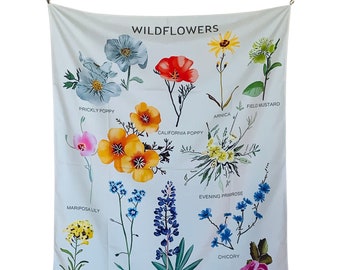 Wildflowers Botanical Chart Tapestry, Floral Identification Wall Hanging, Flower Bedroom Decor