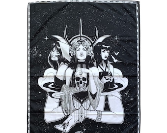 Gothic Witch Tapestry, Black And White Occult Wall Hanging With Skull Snake