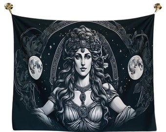 Moon Goddess Tapestry, Dark Celestial Wall Hanging, Black Witchy Bedroom Decor