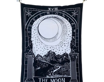 The Moon Tarot Card Tapestry, Black White Celestial Wall Hanging, Astrology Bedroom Decor