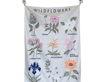 Wildflower Tapestry Wall Hanging, Botanical Flower Chart, Floral Nursery Bedroom Decor