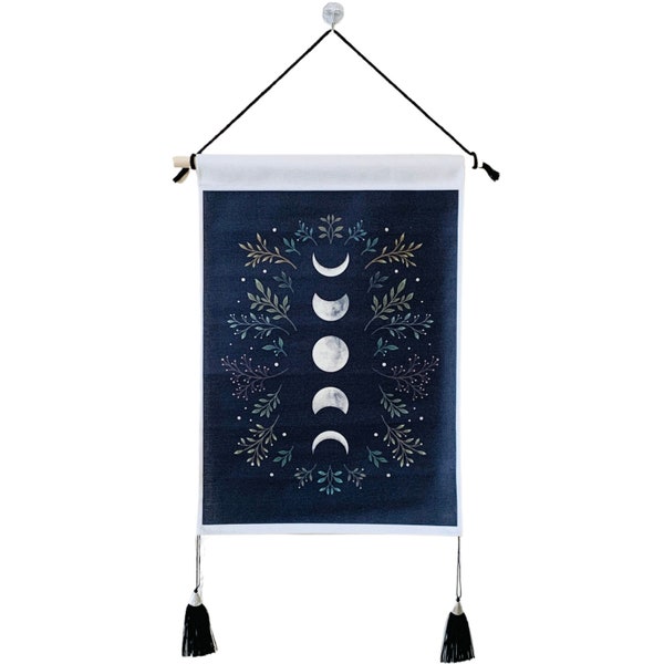 Moon Phase Small Tapestry Wall Hanging With Tassels Flowers Leaves Botanical Wall Art Home Dorm Uni Room Decor Boho Witchy Gift Spiritual