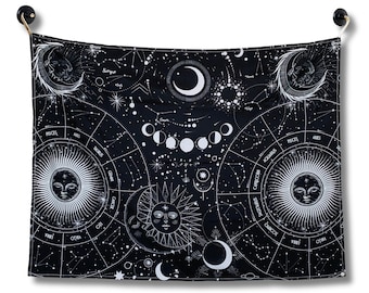 Celestial Zodiac Tapestry, Astrology Moon Phase Wall Hanging, Black White Constellation Space Star Decor