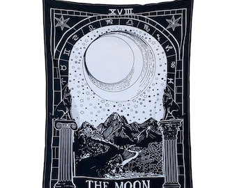 The Moon Tarot Card Tapestry: Black White Celestial Wolf Wall Hanging, Astrology Constellation Bedroom Decor