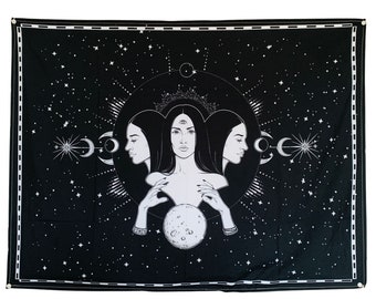 Hecate Goddess Tapestry, Triple Moon Wall Hanging, Black Celestial Moon Phases Decor, Witchcraft Art