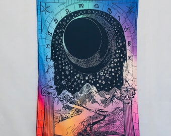 Moon Tarot Card Tapestry, Wolf Stars Zodiac Witchy Wall Hanging For Bedroom Dorm Decor