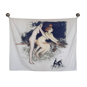 Witches by Jean Veber Les Sorcières Tapestry Wall Hanging | Vintage Witch Broomstick Art | Gothic Halloween Decor | Funny Witchy Aesthetic