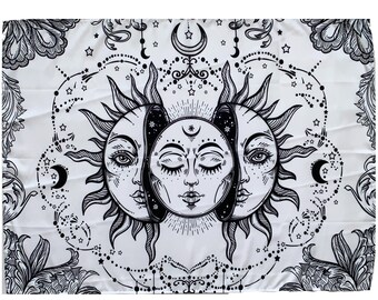 Sun Moon Goddess Tapestry Wall Hanging : Black & White Celestial Boho Decor