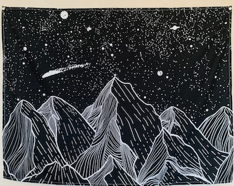Mountain Star Tapestry: Black & White Universe Art, Boho Dorm Decor